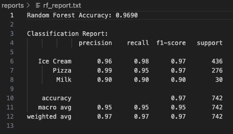 Random Forest Classification Report Snapshot